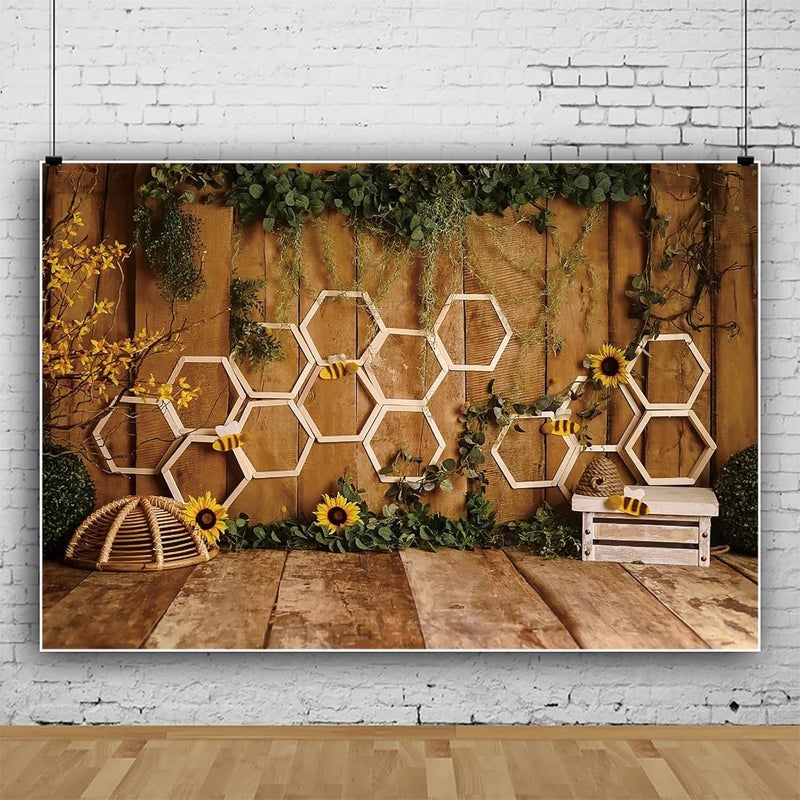 Renaiss 7x5ft Rustic Bee Themed Backdrop Wooden Wall Floor Beehive Photography Background Green Leaves Ivy Sunflower Honeycomb Farmhouse Baby Shower Birthday Party Banner Kids Pet Photo Booth Props - Image 2