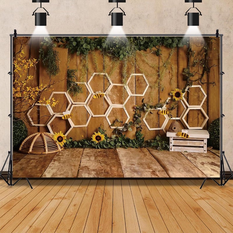 Renaiss 7x5ft Rustic Bee Themed Backdrop Wooden Wall Floor Beehive Photography Background Green Leaves Ivy Sunflower Honeycomb Farmhouse Baby Shower Birthday Party Banner Kids Pet Photo Booth Props - Image 4