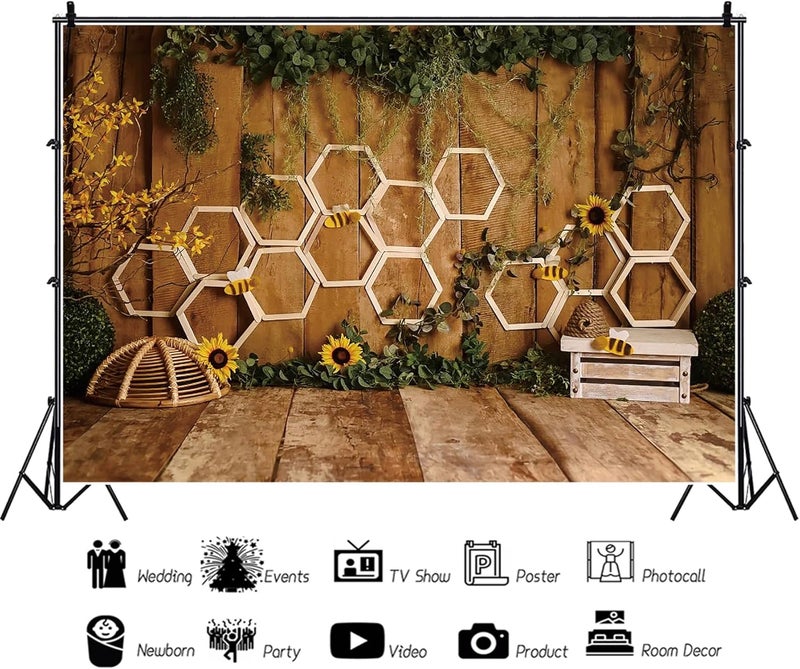Renaiss 7x5ft Rustic Bee Themed Backdrop Wooden Wall Floor Beehive Photography Background Green Leaves Ivy Sunflower Honeycomb Farmhouse Baby Shower Birthday Party Banner Kids Pet Photo Booth Props - Image 3