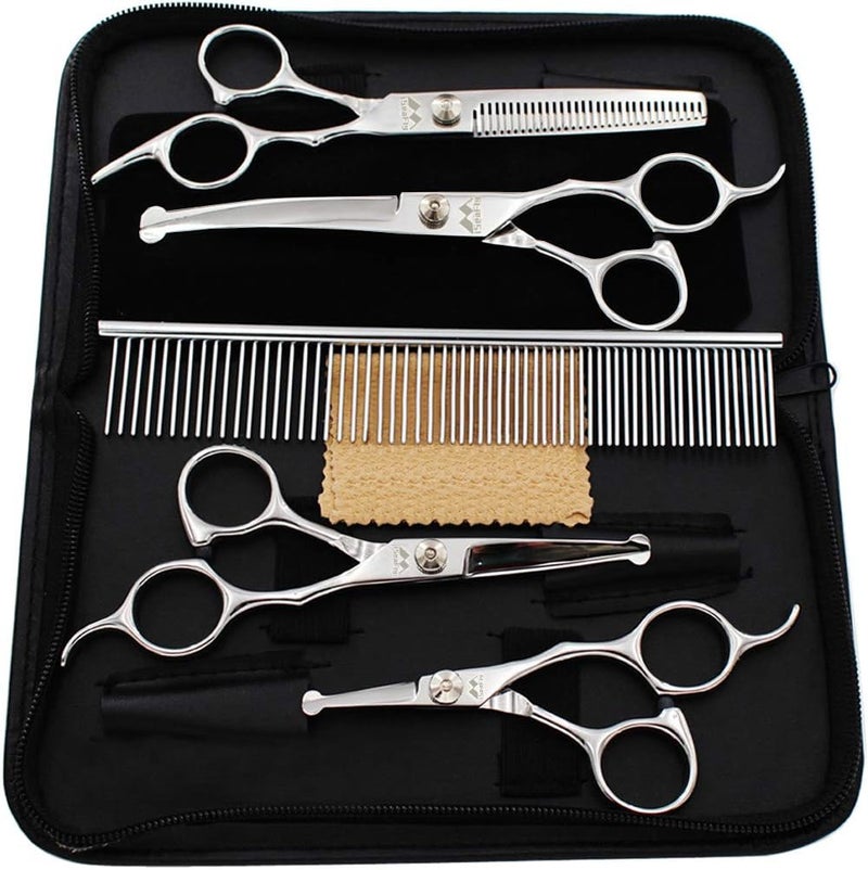iSeaFly Dog Grooming Scissors Kit with Round Tip, 6 in 1 Cat Dog Scissors, Stainless Steel Pet Grooming Shears, Straight, Curved, Thinning Shears, Comb for Full Body, Face, Nose, Ear & Paw - Image 1