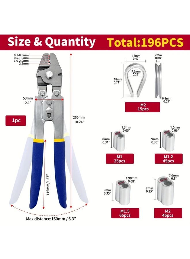 عدة أدوات كماشة لحام أسلاك حبل معدني 196 قطعة مع حلقات التثبيت وطرفيات الحبل للكابلات مقاس 0 1 2 2 ملم - Image 3