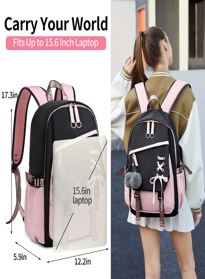 FENGDONG Teenage Girls Bookbag school Backpack Children Casual Daypack Schoolbag for Teens, Black Pink, Daypack Backpacks - Image 2