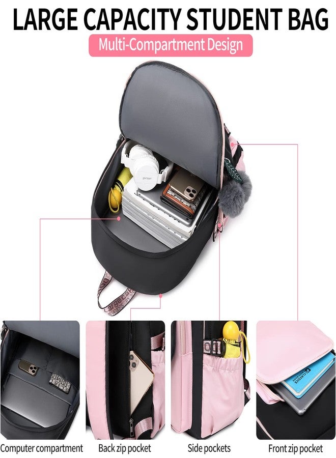 FENGDONG Teenage Girls Bookbag school Backpack Children Casual Daypack Schoolbag for Teens, Black Pink, Daypack Backpacks - Image 5