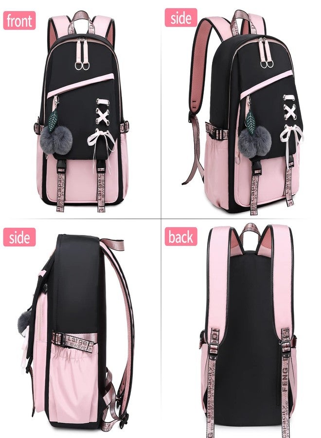 FENGDONG Teenage Girls Bookbag school Backpack Children Casual Daypack Schoolbag for Teens, Black Pink, Daypack Backpacks - Image 3