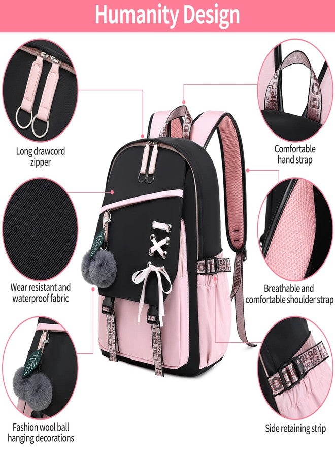 FENGDONG Teenage Girls Bookbag school Backpack Children Casual Daypack Schoolbag for Teens, Black Pink, Daypack Backpacks - Image 4