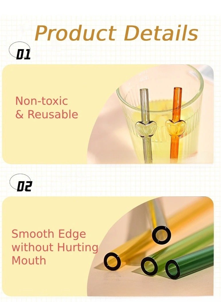 2 قطع على شكل قلب قابلة لإعادة الاستخدام القش الزجاجية مجموعة، 20 سم مقاومة للكسر القش الشرب مع فرشاة التنظيف، BPA خالية، غسالة صحون آمنة للصغار، القهوة، العصير، المشروبات الساخنة / الباردة - Image 3