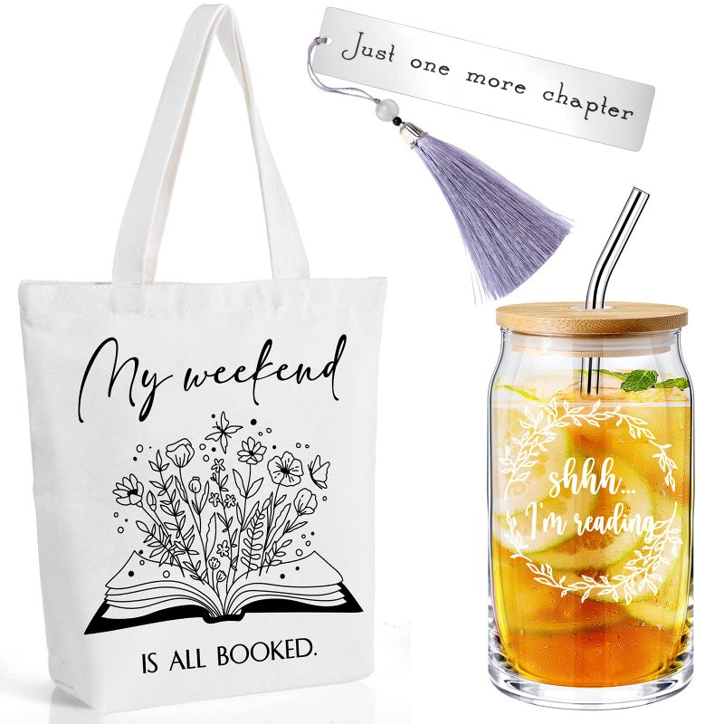 Inbagi Book Lover Gifts Bookish Set Include 16oz Drinking Glass with Bamboo Lid and Straw Stainless Steel Bookmark for Librarian Reader Club Bookworm Women13 x 15 x 4 Elegant - Image 2