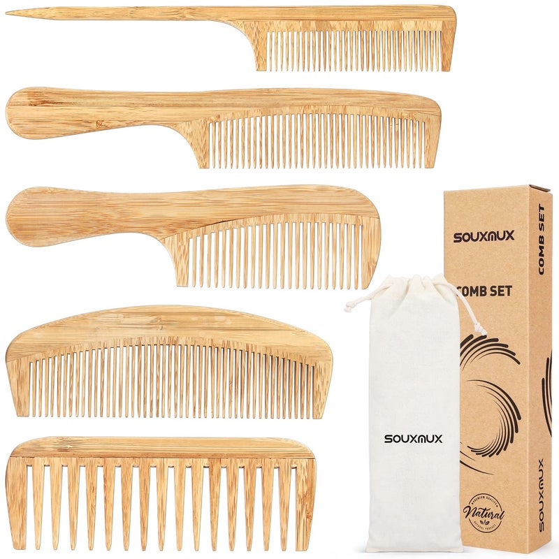 SouxMux 5 Pcs Natural Handmade Bamboo Anti-Static Combs Set - Wide Tooth, Rat Tail and Fine Tooth for Long, Short, Thick, Thin, Wavy or Curly Hair Detangling (Natural) - Image 1