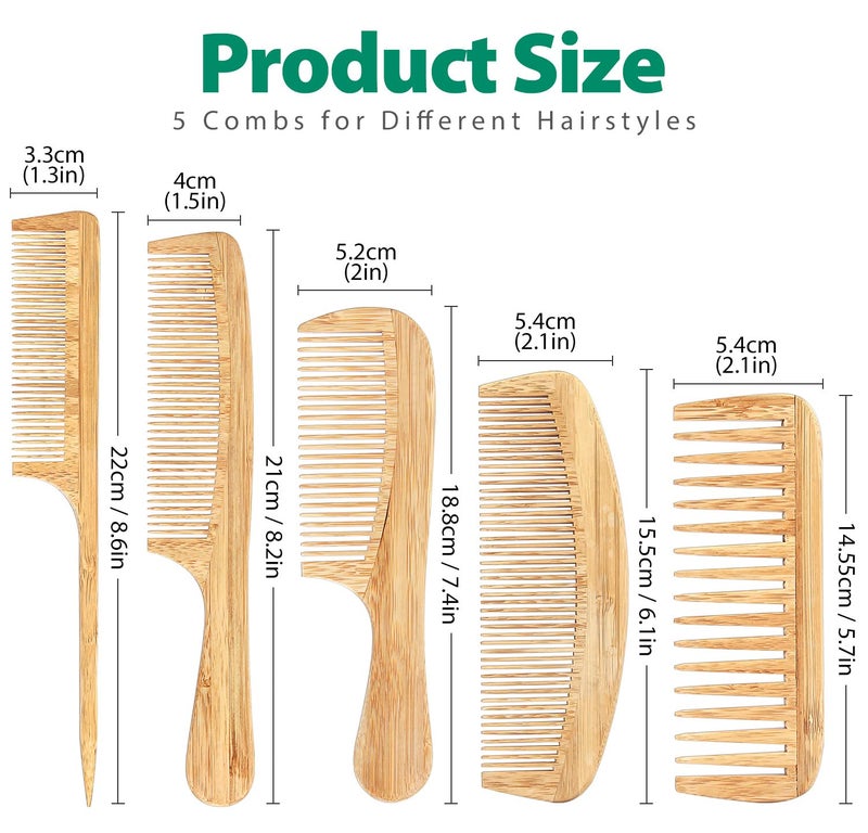 SouxMux 5 Pcs Natural Handmade Bamboo Anti-Static Combs Set - Wide Tooth, Rat Tail and Fine Tooth for Long, Short, Thick, Thin, Wavy or Curly Hair Detangling (Natural) - Image 3