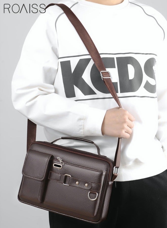 roaiss Business Messenger Shoulder Bag PU Leather Retro Chic Handbag Casual Portable Zipper Crossbody/Shoulder Bag Husband Gift for Men Travel Work Office Dark Brown - Image 3