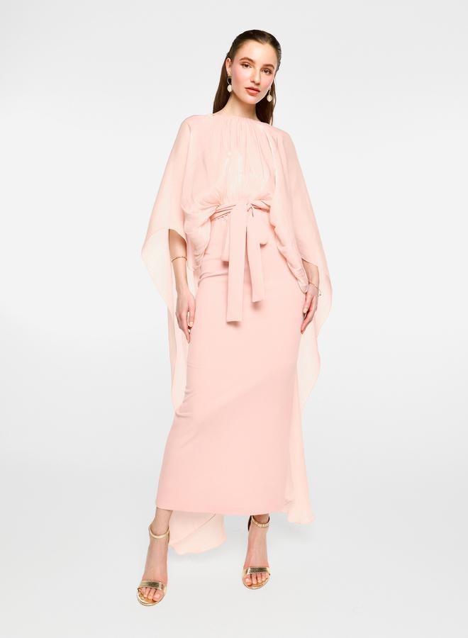 House of Moda Cape Sleeve Waist Tie-Up Maxi Dress - Image 1
