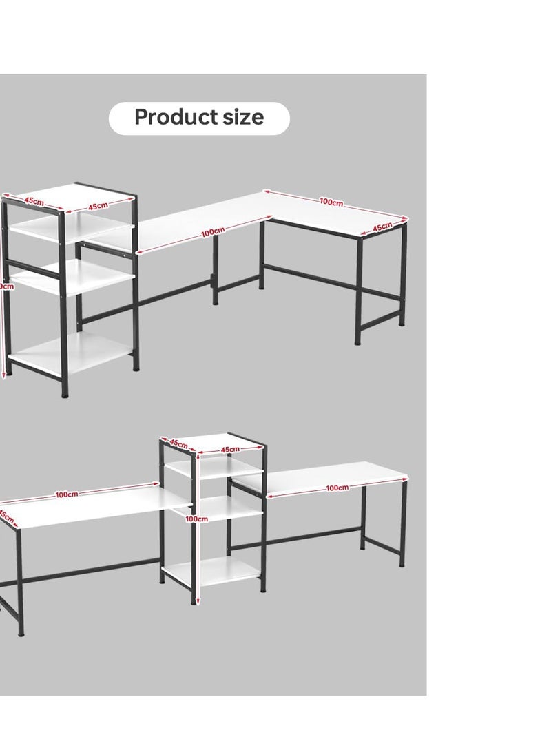 AGD Computer and Gaming Workstation, 3-Way Adjustable Design, Fits 2 People, with Bookshelf and Printer Shelf for Home, Office and Study, White - Image 2