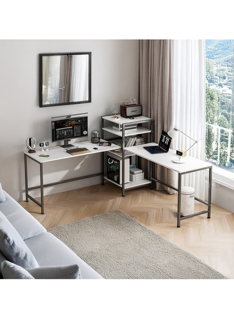 AGD Computer and Gaming Workstation, 3-Way Adjustable Design, Fits 2 People, with Bookshelf and Printer Shelf for Home, Office and Study, White - Image 1