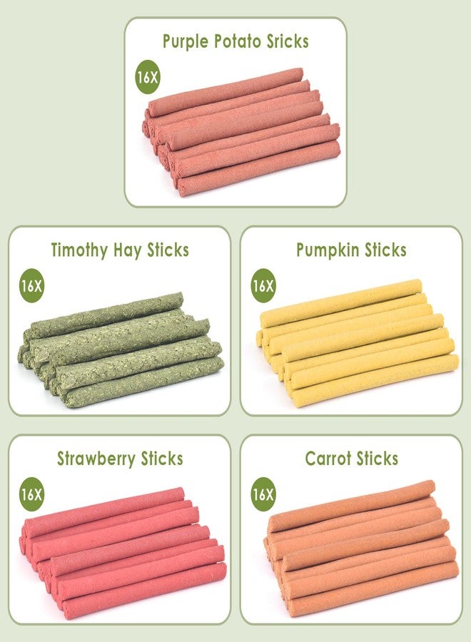 ERKOON 80Pcs Rabbit Timothy Hay Sticks, Five Flavors：PurplePotato/TimothyHay/Pumpkin/Strawberry/Carrot，Suitable Guinea Pig, Hamste, Gerbil, Chinchilla Treats, Chew Toys for Teeth for Bunnies - Image 2