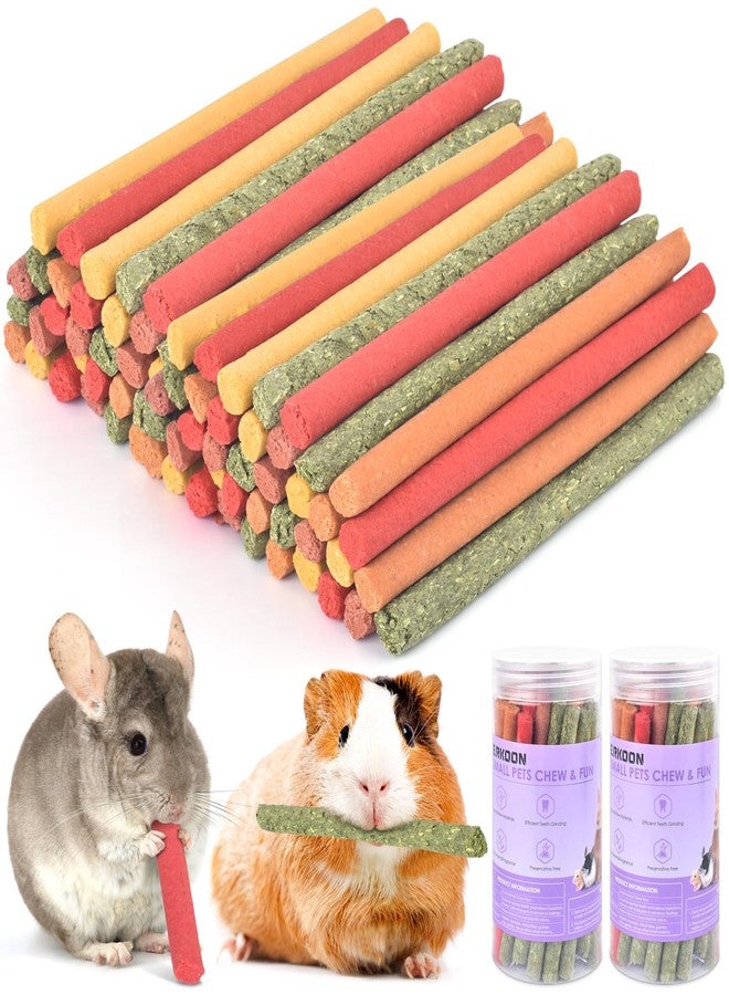 ERKOON 80Pcs Rabbit Timothy Hay Sticks, Five Flavors：PurplePotato/TimothyHay/Pumpkin/Strawberry/Carrot，Suitable Guinea Pig, Hamste, Gerbil, Chinchilla Treats, Chew Toys for Teeth for Bunnies - Image 1