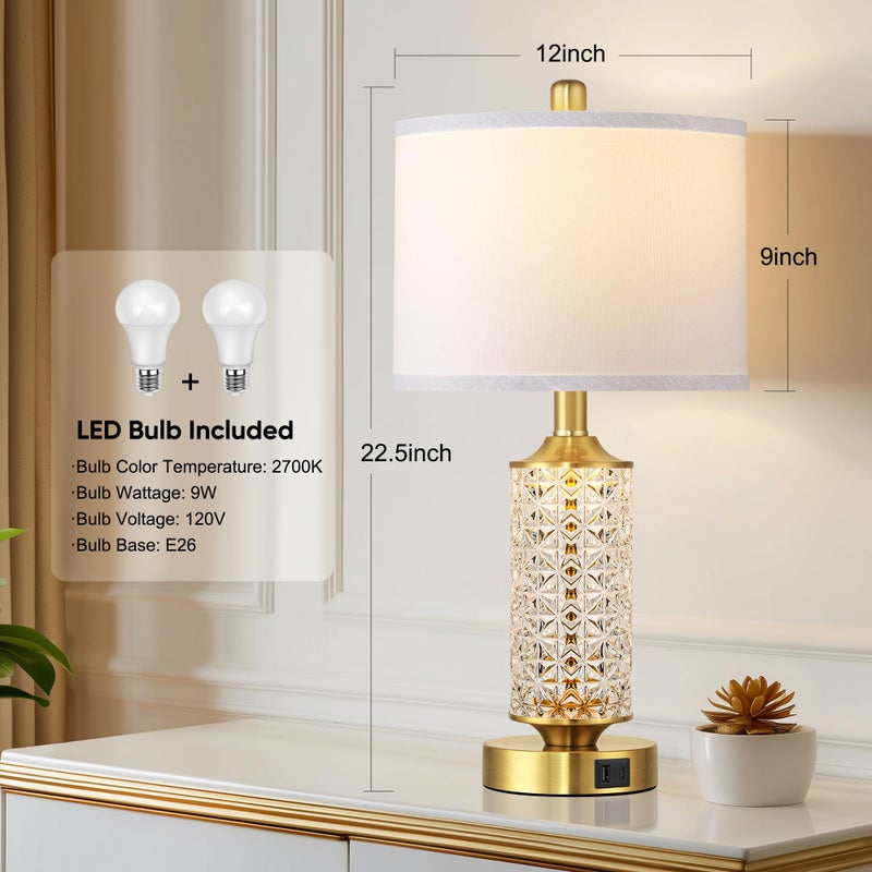 QiMH Set of 2 Table Lamps with USB A+C Ports, Modern Bedside Lamp with LED Night Light, Bedside Lamp for Bedroom, Nightstand Lamps for Living Room Office (Gold)(2 Bulbs Include) - Image 2