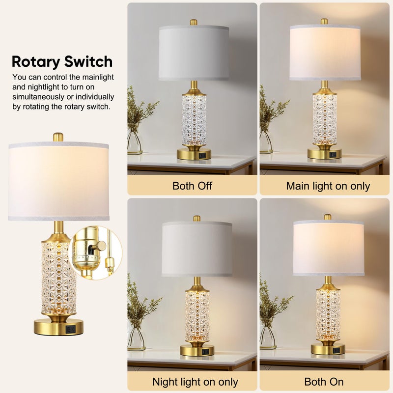 QiMH Set of 2 Table Lamps with USB A+C Ports, Modern Bedside Lamp with LED Night Light, Bedside Lamp for Bedroom, Nightstand Lamps for Living Room Office (Gold)(2 Bulbs Include) - Image 3