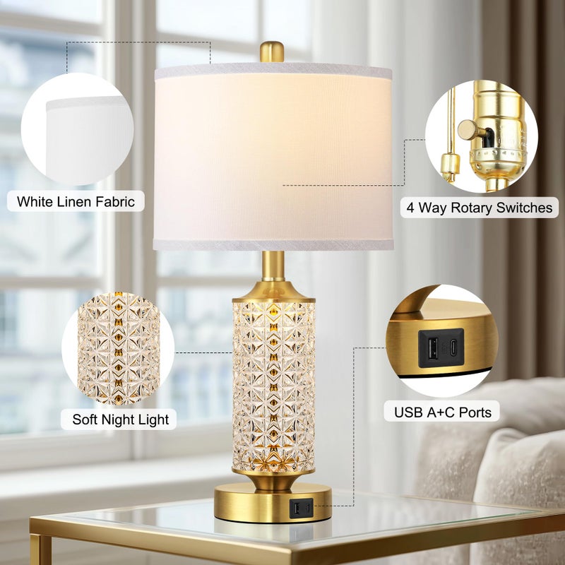 QiMH Set of 2 Table Lamps with USB A+C Ports, Modern Bedside Lamp with LED Night Light, Bedside Lamp for Bedroom, Nightstand Lamps for Living Room Office (Gold)(2 Bulbs Include) - Image 4