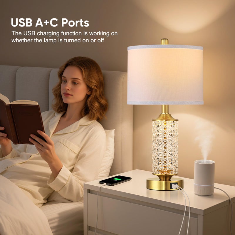 QiMH Set of 2 Table Lamps with USB A+C Ports, Modern Bedside Lamp with LED Night Light, Bedside Lamp for Bedroom, Nightstand Lamps for Living Room Office (Gold)(2 Bulbs Include) - Image 5