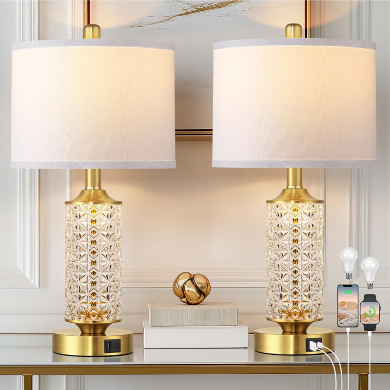 QiMH Set of 2 Table Lamps with USB A+C Ports, Modern Bedside Lamp with LED Night Light, Bedside Lamp for Bedroom, Nightstand Lamps for Living Room Office (Gold)(2 Bulbs Include) - Image 1