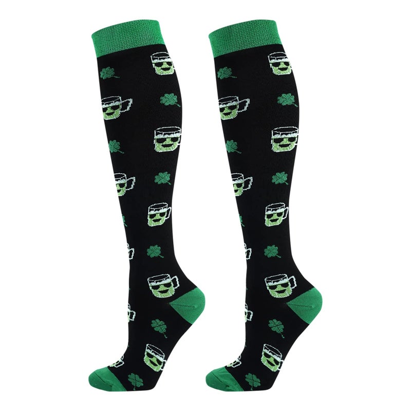 Junely St Patricks Day Compression Socks for Women Knee High Shamrock Stockings for Running Athletic Nurses Pregnant Women Work Support Travel Flight Sports Irish Gifts Green - Image 1