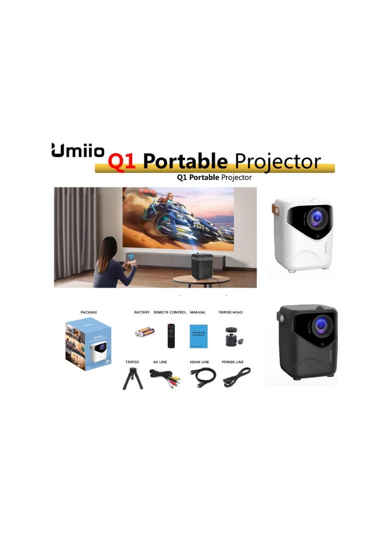 Umiio Umiio Q1 Portable Video Projector 5G WiFi Bluetooth Quadrangle Trapezoid 0 8 5M Projection Distance  Resolution Android Projector For Move Music TV Game Casting with Tripod -White  - Image 2