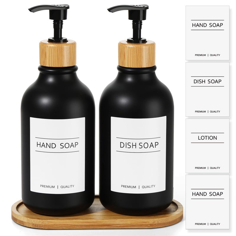 KASUNTING Hand and Dish Soap Dispenser Set Plastic Kitchen Soap Dispenser Set with Bamboo Tray 17 Fl Oz Black Soap and Lotion Dispensers Sets with 4 Pack Labels for Kitchen Bathroom Countertop - Image 2