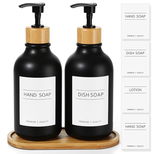 KASUNTING Hand and Dish Soap Dispenser Set Plastic Kitchen Soap Dispenser Set with Bamboo Tray 17 Fl Oz Black Soap and Lotion Dispensers Sets with 4 Pack Labels for Kitchen Bathroom Countertop - Image 1