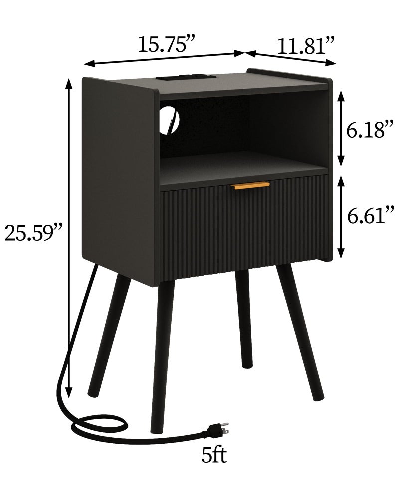 JOONEE Black Nightstand with Outlet,Modern Bedside Table with Storage Drawer and Open Wood Shelf, for Living Room, Bedroom and Small Spaces, Accent Night Stand with Solid Wood Legs, Easy Assembly - Image 2