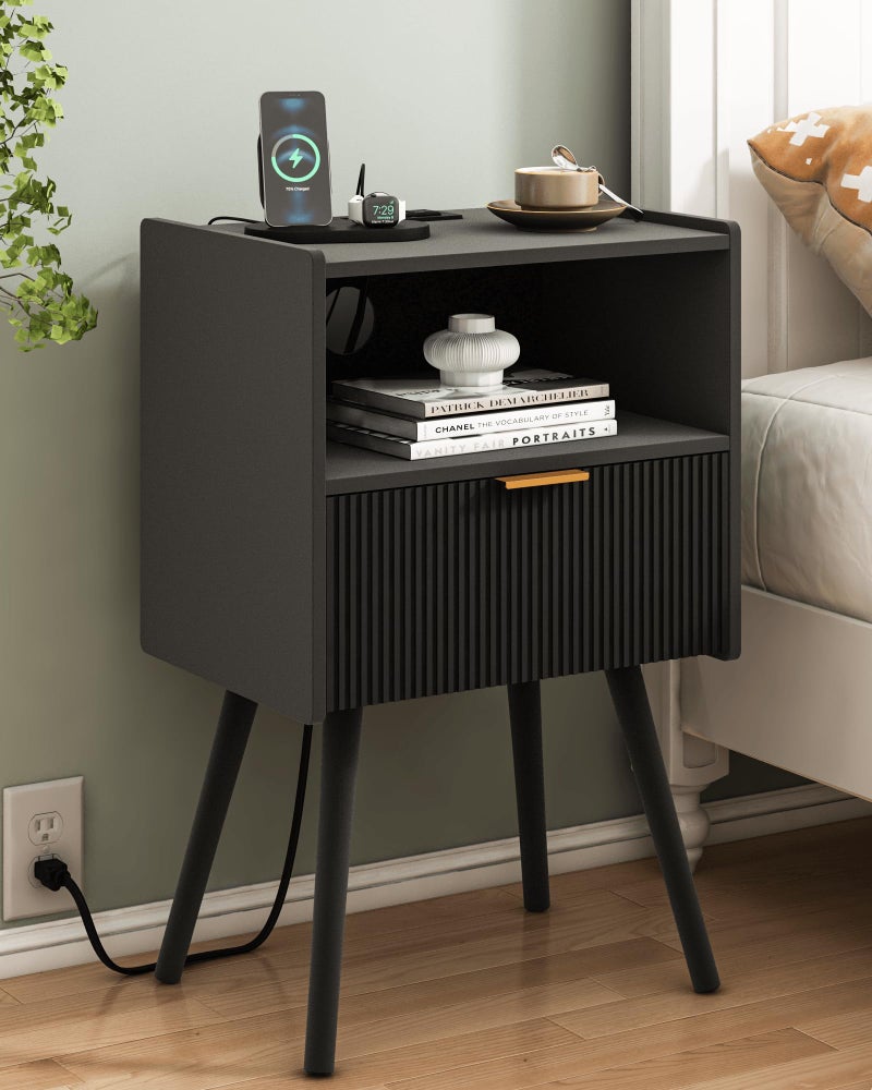JOONEE Black Nightstand with Outlet,Modern Bedside Table with Storage Drawer and Open Wood Shelf, for Living Room, Bedroom and Small Spaces, Accent Night Stand with Solid Wood Legs, Easy Assembly - Image 1