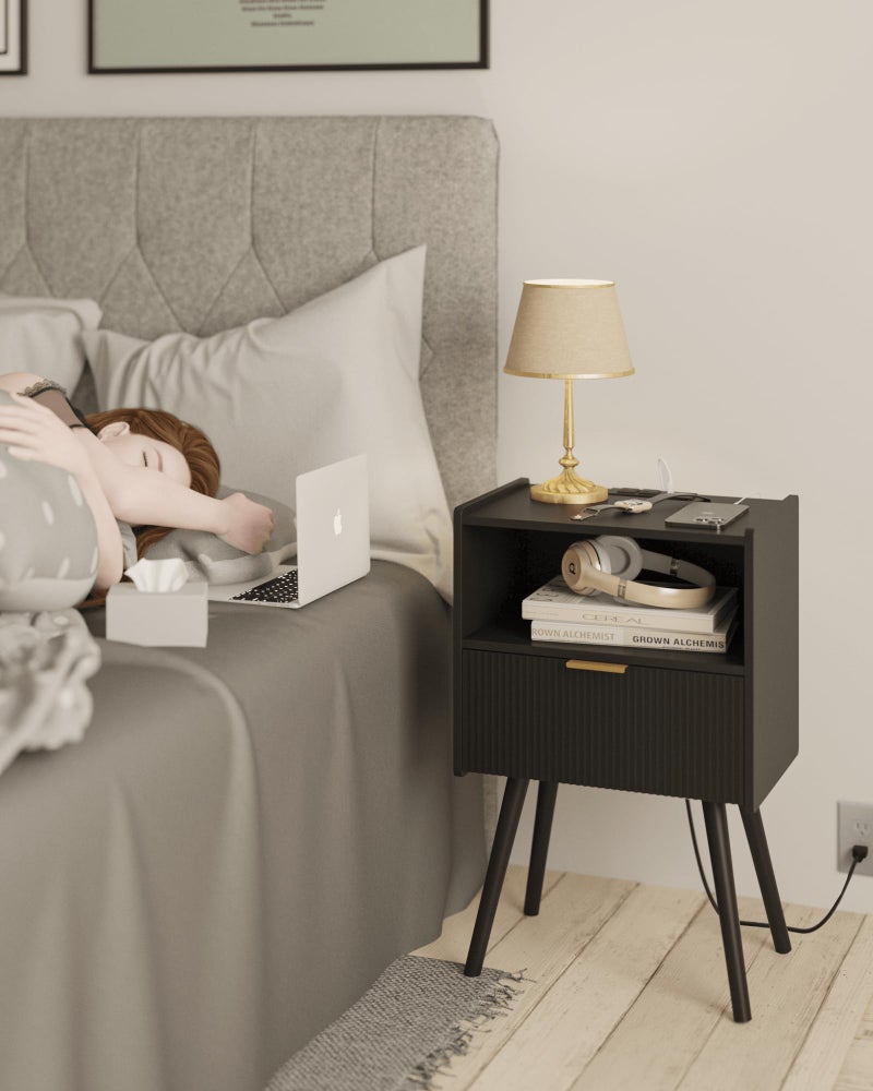 JOONEE Black Nightstand with Outlet,Modern Bedside Table with Storage Drawer and Open Wood Shelf, for Living Room, Bedroom and Small Spaces, Accent Night Stand with Solid Wood Legs, Easy Assembly - Image 3