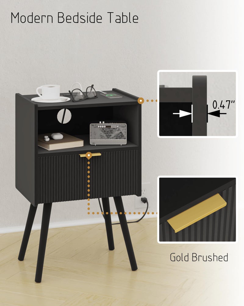 JOONEE Black Nightstand with Outlet,Modern Bedside Table with Storage Drawer and Open Wood Shelf, for Living Room, Bedroom and Small Spaces, Accent Night Stand with Solid Wood Legs, Easy Assembly - Image 5