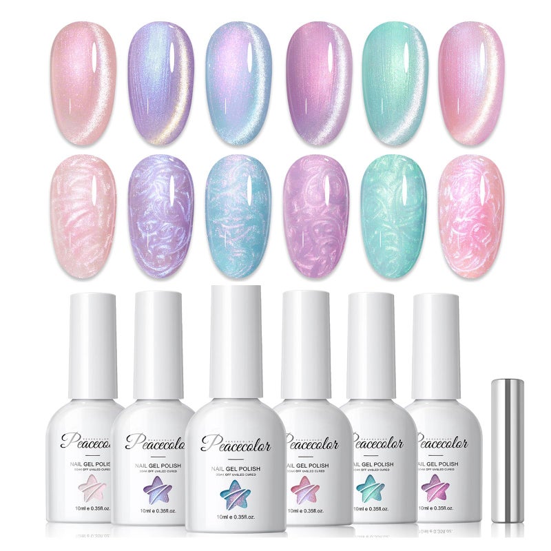 PEACECOLOR Cat Eye Gel Nail Polish Magnetic Shimmer Pearl Nail Polish with Magnet 6 Colors Spring Cateye Gel Polish Iridescent Chrome Mermaid Drawing Swirl Shell Thread Effect Gifts for Women - Image 1
