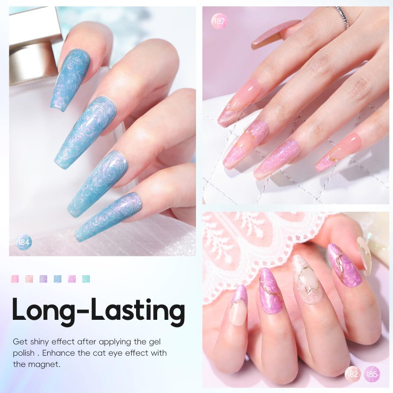 PEACECOLOR Cat Eye Gel Nail Polish Magnetic Shimmer Pearl Nail Polish with Magnet 6 Colors Spring Cateye Gel Polish Iridescent Chrome Mermaid Drawing Swirl Shell Thread Effect Gifts for Women - Image 2