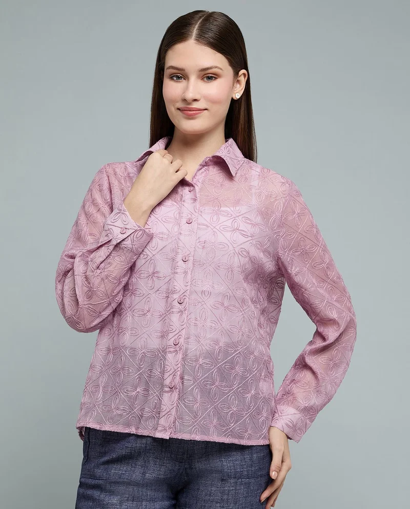أر أند بي Embroidered Shirt with Classic Collar and Long Sleeves