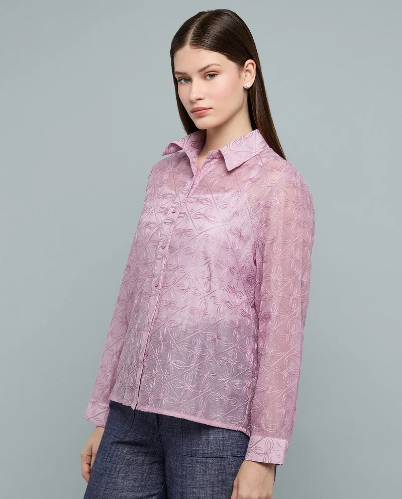 أر أند بي Embroidered Shirt with Classic Collar and Long Sleeves