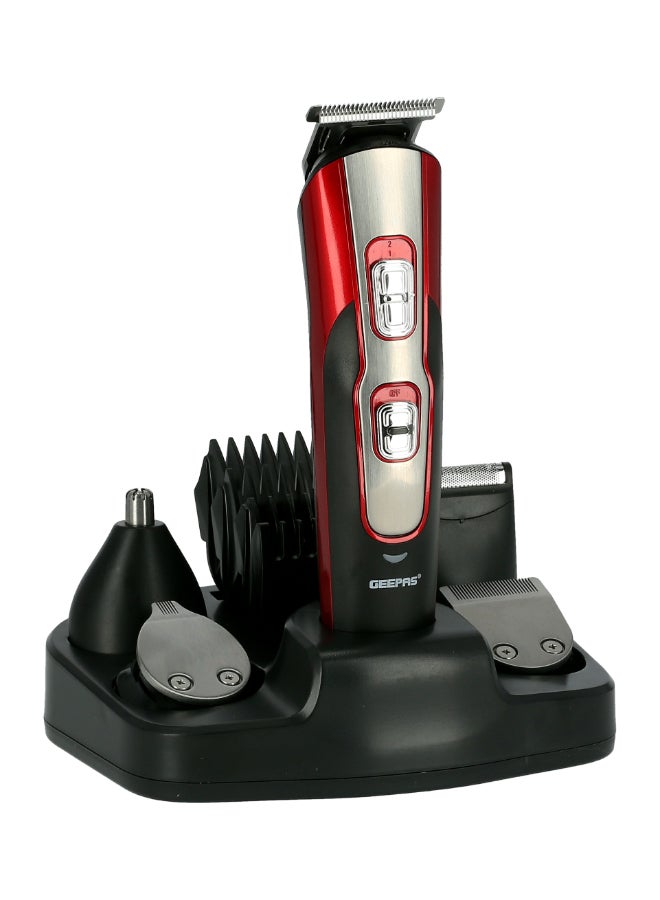 GEEPAS 11-IN-1 Rechargeable Grooming Kit- GTR8724, Includes Hair Clipper Head And Beard Trimmer Head Black/Red - Image 1