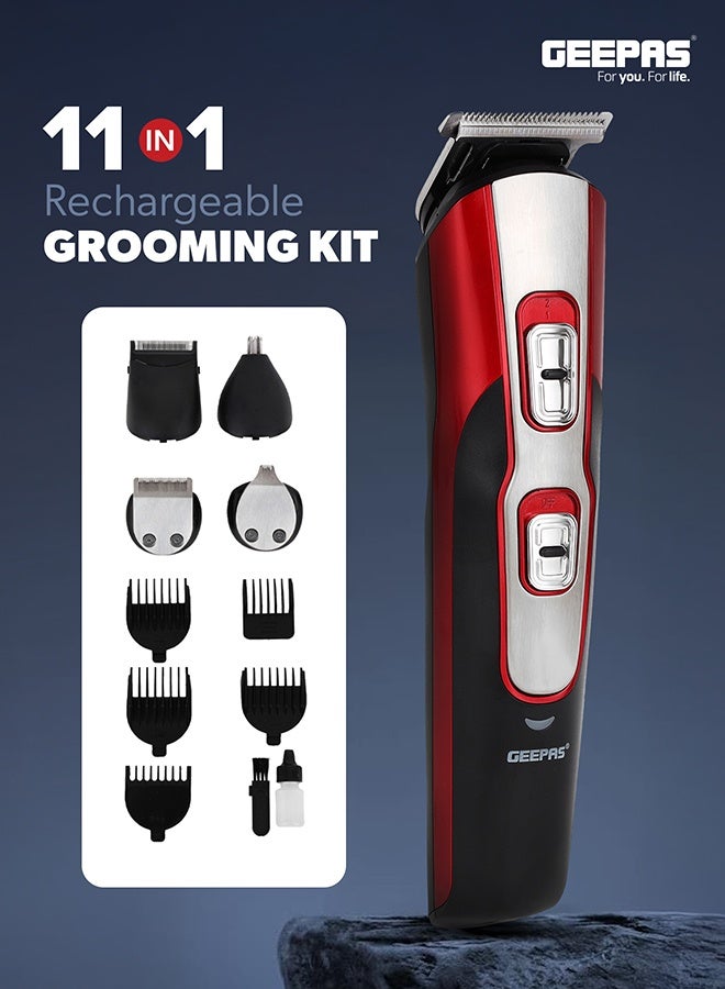 GEEPAS 11-IN-1 Rechargeable Grooming Kit- GTR8724, Includes Hair Clipper Head And Beard Trimmer Head Black/Red - Image 1