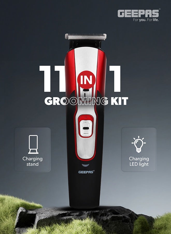 GEEPAS 11-IN-1 Rechargeable Grooming Kit- GTR8724, Includes Hair Clipper Head And Beard Trimmer Head Black/Red - Image 5