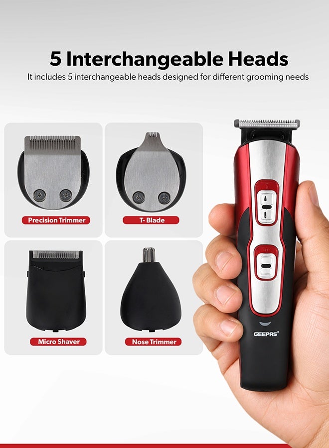 GEEPAS 11-IN-1 Rechargeable Grooming Kit- GTR8724, Includes Hair Clipper Head And Beard Trimmer Head Black/Red - Image 2