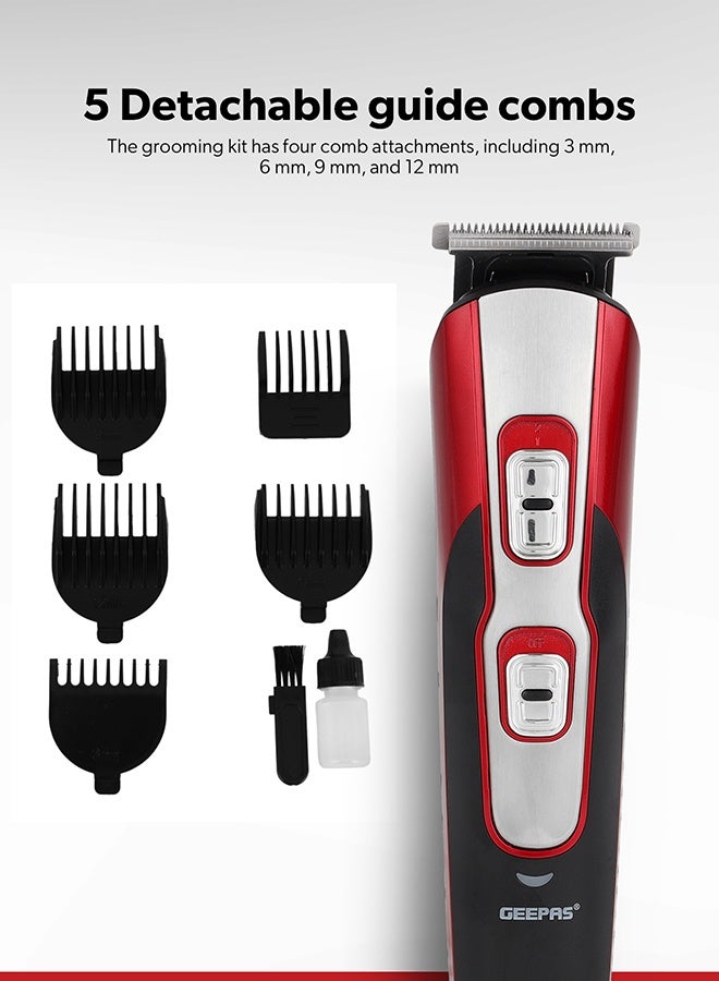 GEEPAS 11-IN-1 Rechargeable Grooming Kit- GTR8724, Includes Hair Clipper Head And Beard Trimmer Head Black/Red - Image 3