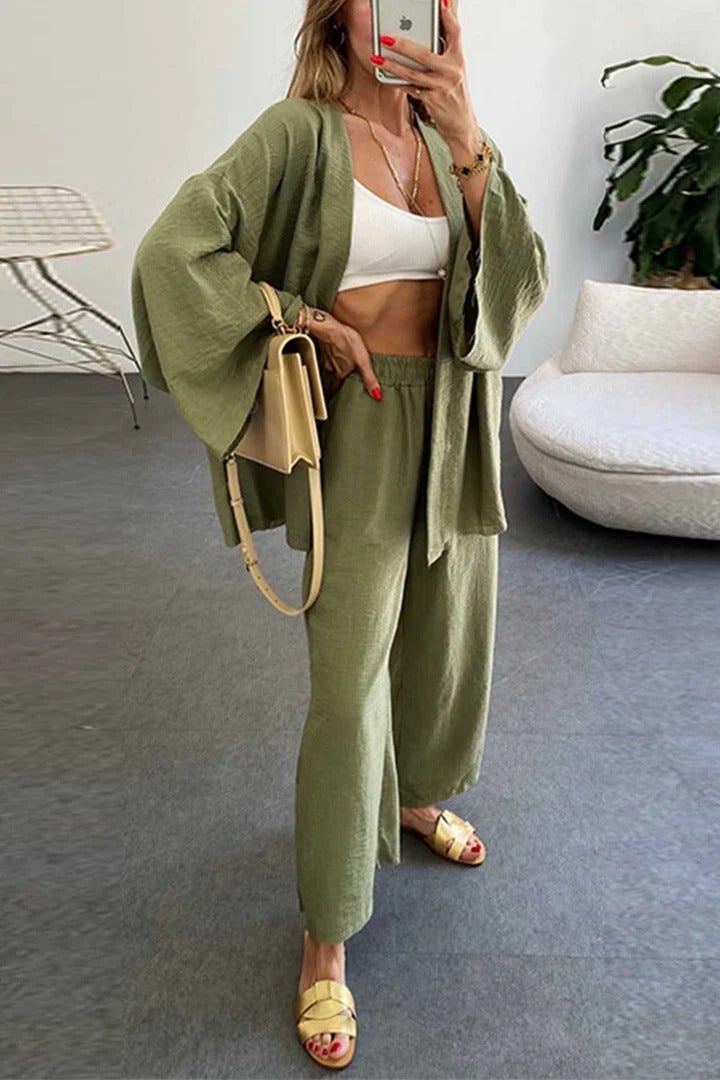 2024 Europe and the United States cross-border Amazon new cotton and linen suit cardigan long sleeve jacket pocket wide leg pants two-piece set olive green - Image 1