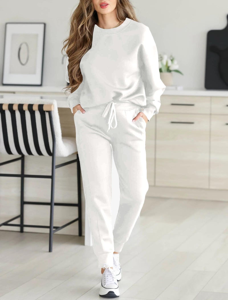 HBQ Sweatsuits For Women Sets 2 Piece Outfits Crewneck Sweatshirts Pullover Tops And Jogger Pants Tracksuits Lounge Set-White-S - Image 3