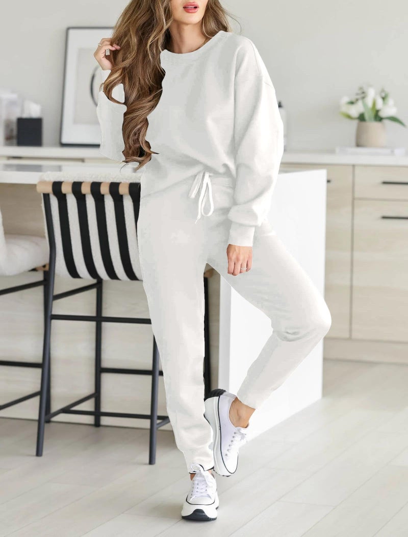HBQ Sweatsuits For Women Sets 2 Piece Outfits Crewneck Sweatshirts Pullover Tops And Jogger Pants Tracksuits Lounge Set-White-S - Image 2
