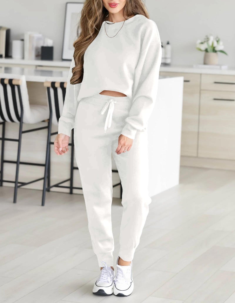 HBQ Sweatsuits For Women Sets 2 Piece Outfits Crewneck Sweatshirts Pullover Tops And Jogger Pants Tracksuits Lounge Set-White-S - Image 5