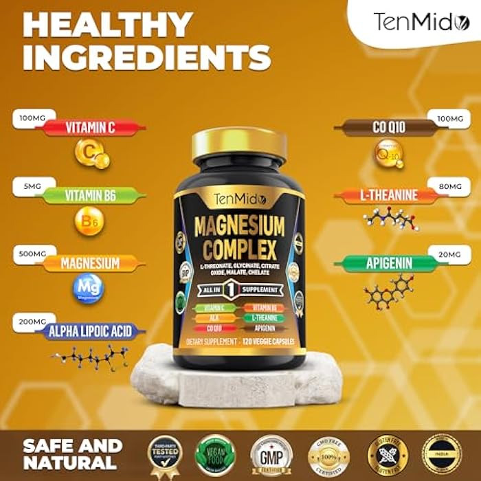 Tenmido Magnesium Complex Supplement - 6 Types of Magnesium Glycinate, L-Threonate, Citrate, Oxide, Malate, Chelate - Combine with ALA, CoQ10, L-Theanine, Apigenin & More - 120 Capsules - Image 3
