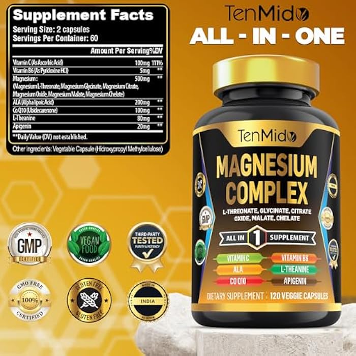 Tenmido Magnesium Complex Supplement - 6 Types of Magnesium Glycinate, L-Threonate, Citrate, Oxide, Malate, Chelate - Combine with ALA, CoQ10, L-Theanine, Apigenin & More - 120 Capsules - Image 2
