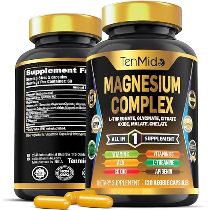 Tenmido Magnesium Complex Supplement - 6 Types of Magnesium Glycinate, L-Threonate, Citrate, Oxide, Malate, Chelate - Combine with ALA, CoQ10, L-Theanine, Apigenin & More - 120 Capsules - Image 1