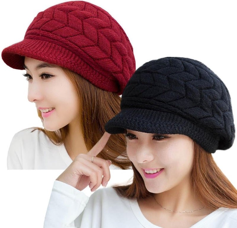 HINDAWI Women Winter Warm Knit Hat Wool Snow Ski Caps with Visor - Image 1
