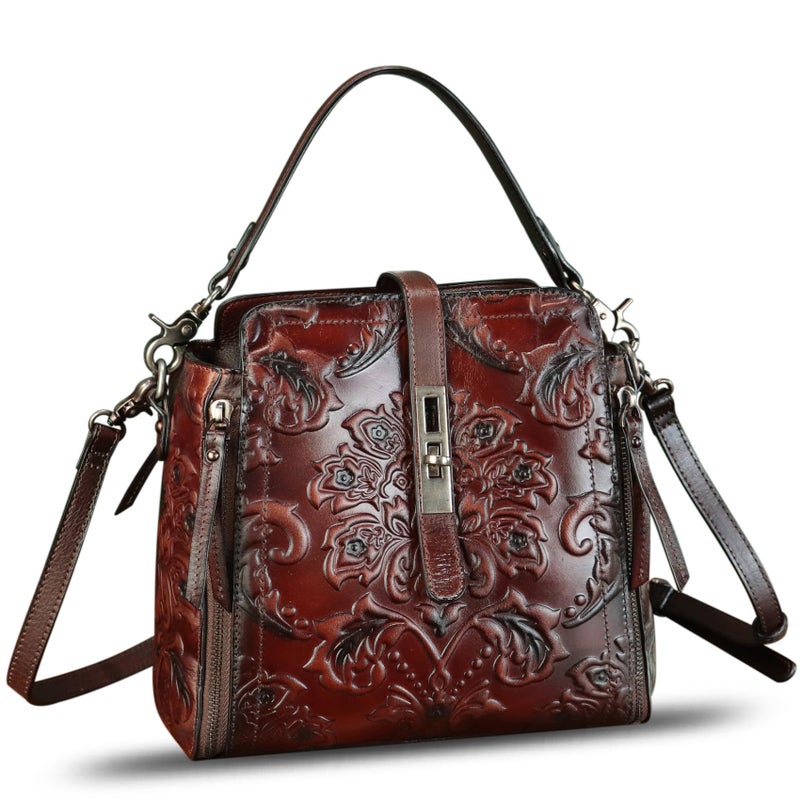 LRTO Genuine Leather Purses and Handbags for Women Retro Embossed Crossbody Shoulder Bag Satchel Pouches (Coffee) - Image 2